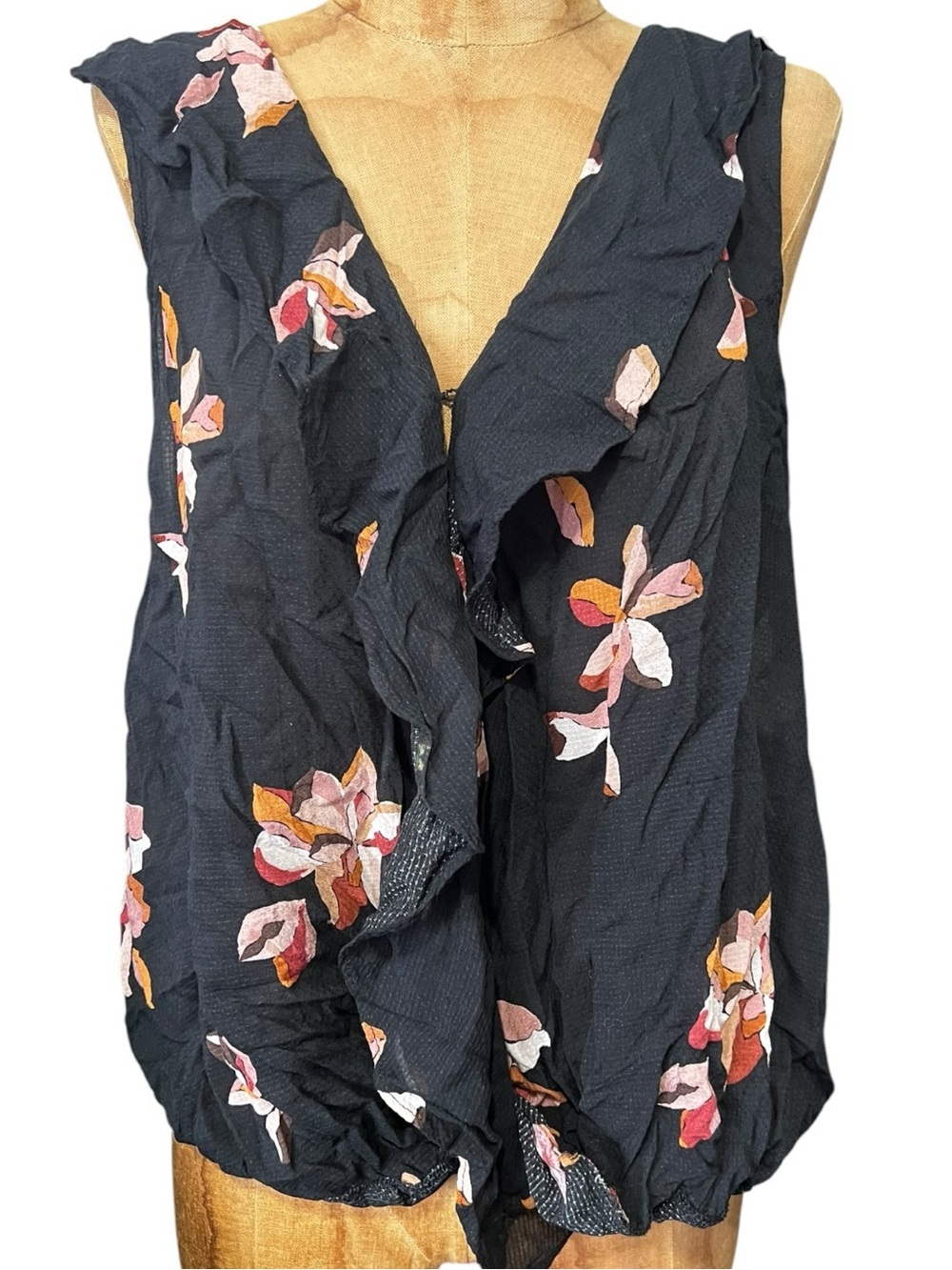A New Day Black Floral Ruffle Camisole with Pink & Orange Accents Like New! L